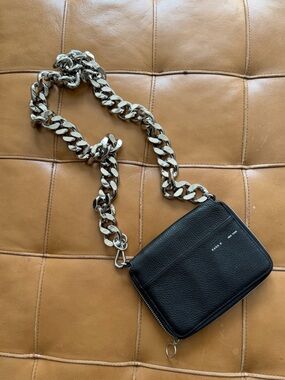 Kara New York Black Leather Crossbody Bag with Chunky Silver Chain
